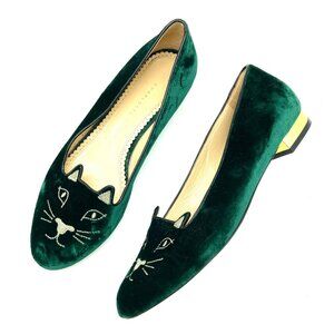 Charlotte Olympia Kitty Cat Emerald Green Velvet Flats Loafers, EU 38.5 US 8-8.5